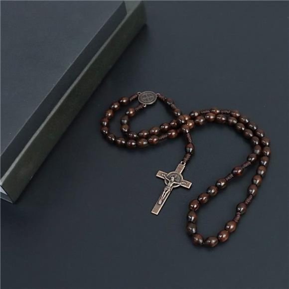 Handmade Wooden Catholic Rosary, Cross Pendant Necklace - Picture 2 of 7